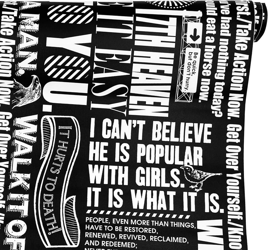 LovingWay 14.7 feet Wallpaper Roll Retro Newspaper Shelf Liner 17.7x177 Inch White Text Office File Cabinets Lining Black Paper Christmas Wall Decor