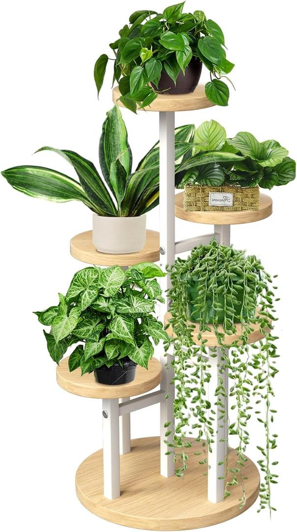 GEEBOBO 5 Tier Plant Stand Indoor, Metal Wood Plant Stands For Indoor Plants Multiple, Corner Tiered Flower Plants Shelf Stand for Living Room Bedroom, White