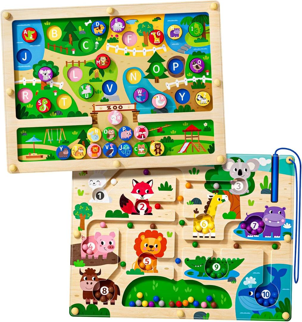 Magnetic Maze 2 in 1 Double Side Color and Number Maze Alphabet Puzzle Board for 3-5 Boys and Girls Kids Montessori Educational Toys (Zoo, One Size)