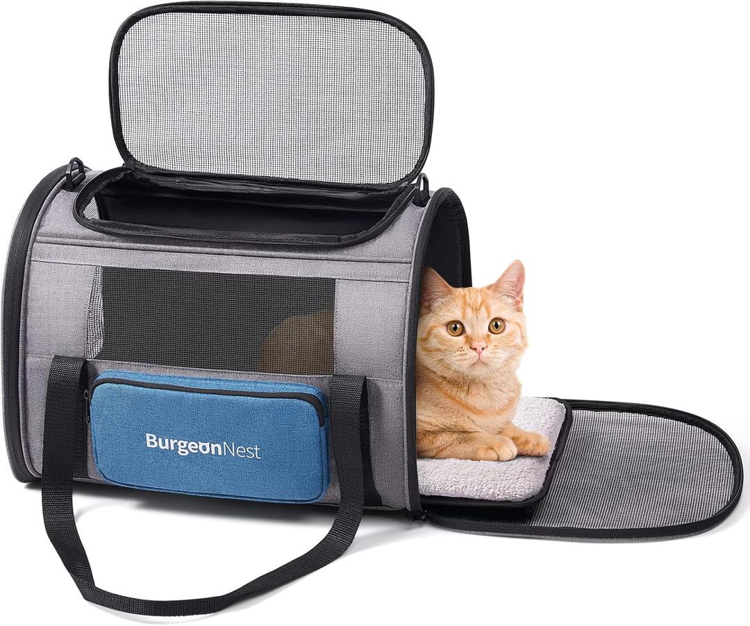 BurgeonNest Cat Carrier for Large Cats 20 lbs,Medium Pet Under 25 lbs,2 Puppy and Small Dogs with Unique Side Bag,Top Load Pet Carrier Soft-Sided Escape Proof with 4 Ventilated Windows (Blue)