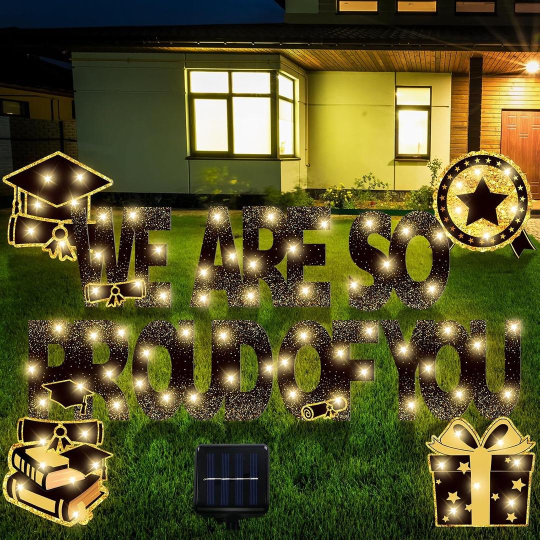 11 Pcs Solar Stake Light 2026 Graduation Yard Sign Decorations Black and Gold Congrats Grad Lawn We Are So Proud of You Outdoor Yard Sign for College High School Graduation Party Decoration