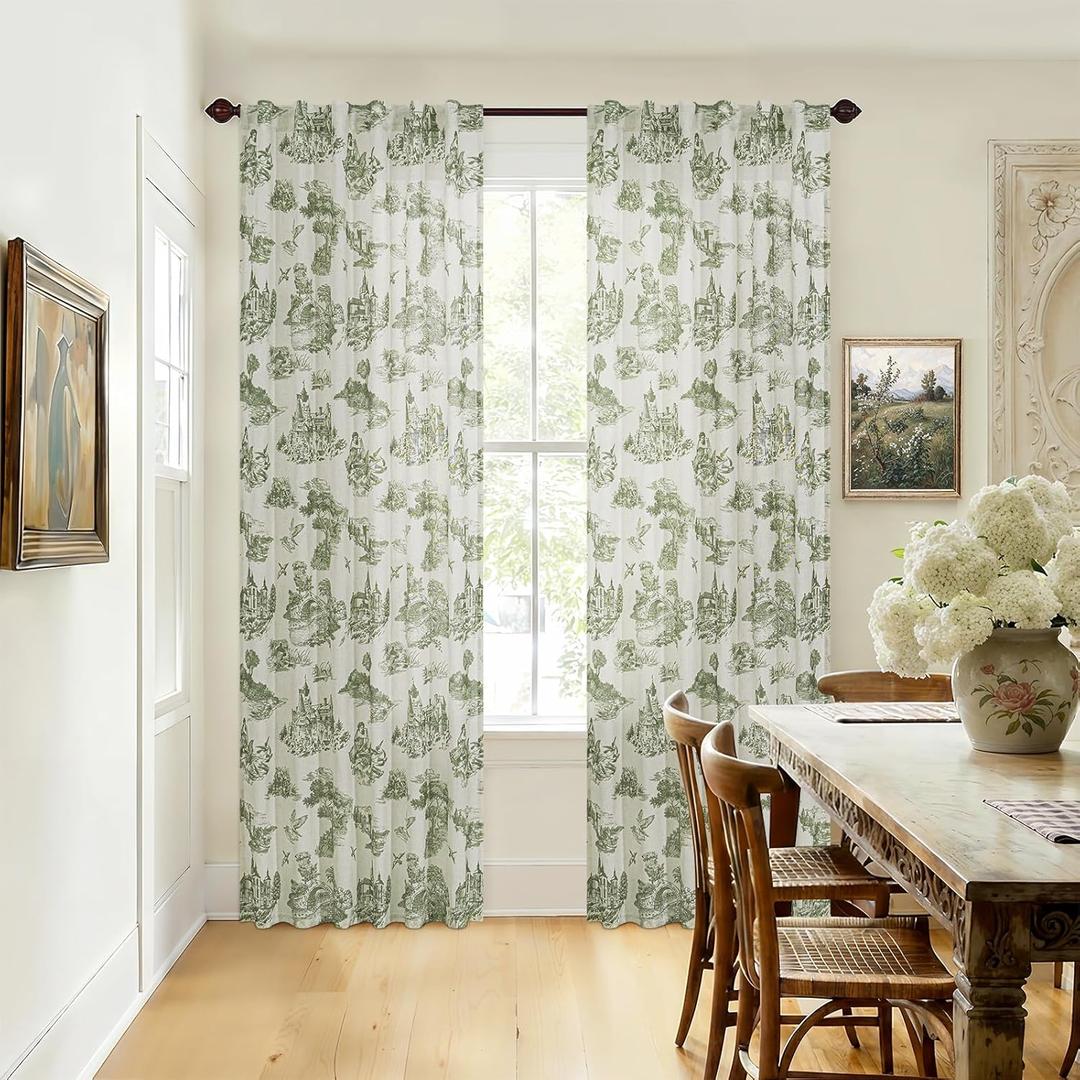 Sage Green Floral Linen Curtains 90 Inches Long for Living Room Bedroom Toile de Jouy Printed Farmhouse Patterned Country Semi Sheer Curtains Back Tab Light Filtering Pattern 90 Inch Window Drapes