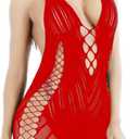 Women Fishnet Babydoll Lingerie Chemise Halter Nightwear Mini Teddy Dress One Size (Red)
