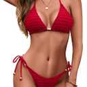Women Two Piece Bikini Set Halter Triangle Swimsuit Cheeky String Bathing Suits (Red, S)