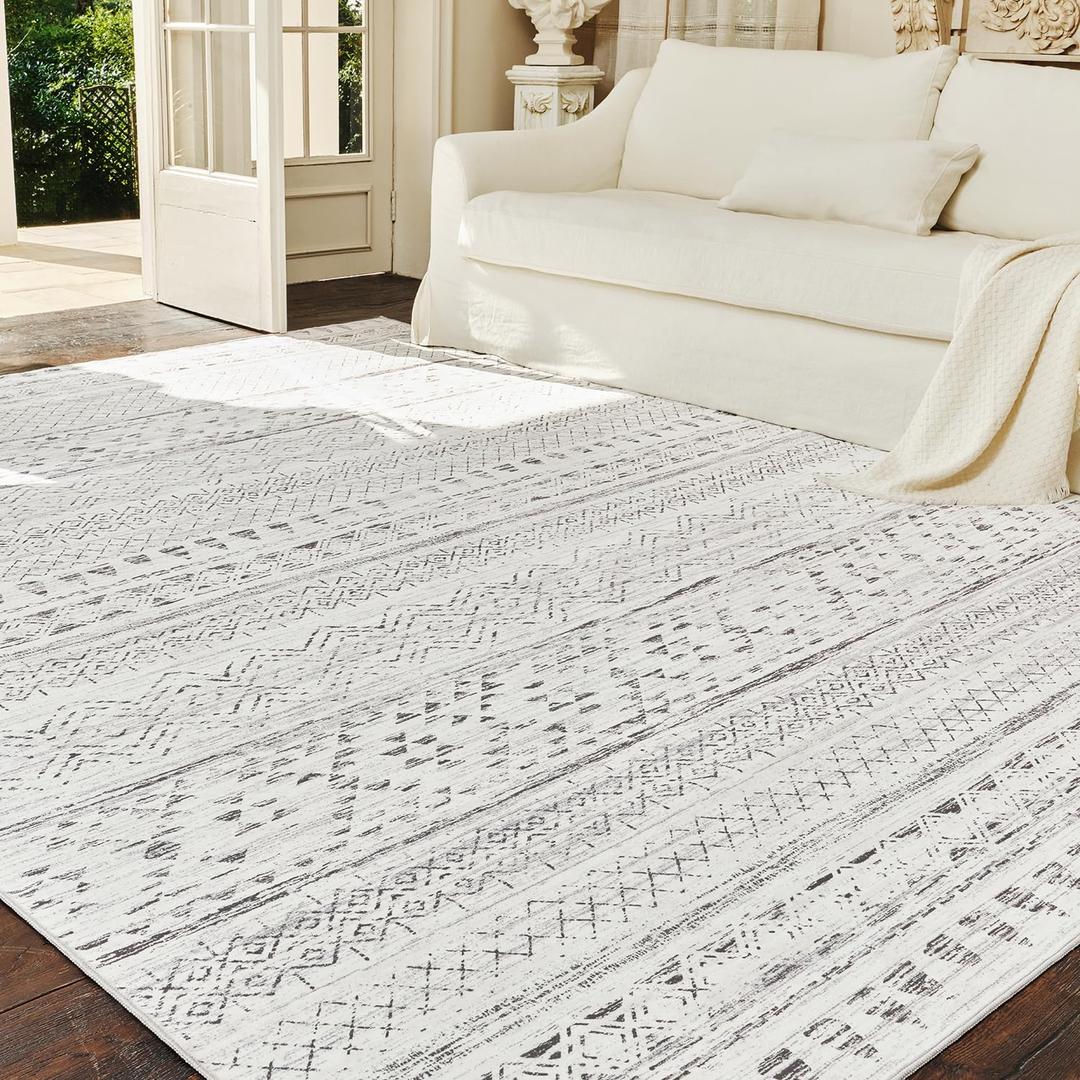 5x7 Area Rugs for Living Room, Bedroom, Playroom, Dining Room, Office - Machine Washable, Neutral Grey, Soft Boho Carpet