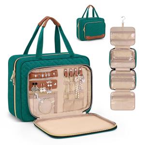 Wedama Toiletry Bag for Women, Hanging Travel Toiletry Bag with Jewelry Organizer Compartment Large Makeup Bag, PVC Waterproof Cosmetic Travel Bag Trips Camping Bathroom, Green+Brown