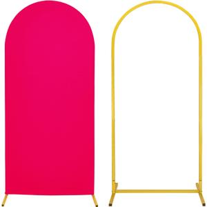 Metal Arch Stand and Cover Set,1 Fushia Spandex Fitted Backdrop with 1 Gold Wedding Arched Stand Frame for Parties Birthday Baby Shower Bridal Banquet Decoration (5FT)