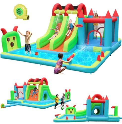 JOOLOOG Inflatable Water Slide Park 18x15FT Mega Water Park Bounce House w/Double Waterslide Large Splash Pool, Deep Pool, Shower,Water Cannon,Climbing Wall and Jumping Bouncer for Backyard Outdoor