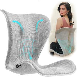 Ergonomic Lumbar Support Backrest Seat Cushion, Lower Waist Posture Corrector for Office Chair Long Sitting Desk Work, Gaming, Reading, One Piece Extra Large Back Straightener for Adult, Light Gray