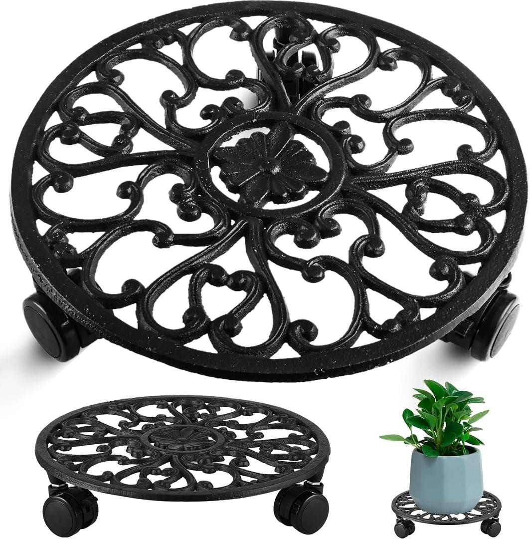 11 Inch Rolling Plant Stand with Wheels Wrought Iron Rolling Plant Stand with Casters Heavy Duty for Indoor Plants Rollers Base Metal Round Plant Dolly withWheels 1 Pack