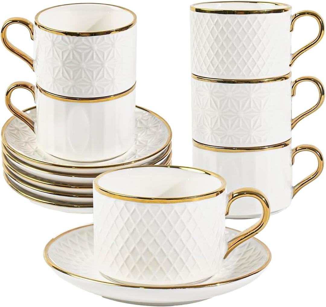 COXTOBRH Espresso Cups and Saucers Set of 6, 7 OZ Porcelain Cappuccino Cups with Saucers, Stackable Coffee Mugs for Demitasse, Latte, Cafe, Mocha, Tea, Wedding Thanksgiving Christmas Gift Present