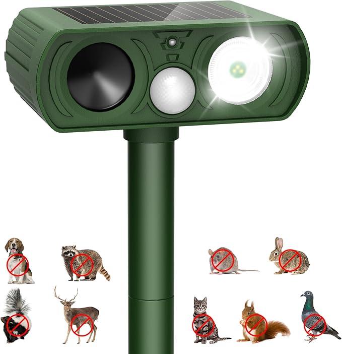 2026 New Solar Ultrasonic Animal Repellent Outdoor Motion Activated Deer Repellent Cat Deterrent with Flash Light to Keep Rodent Dog Skunk Rabbit Raccoon Squirrel Out of Yard Garden Lawn