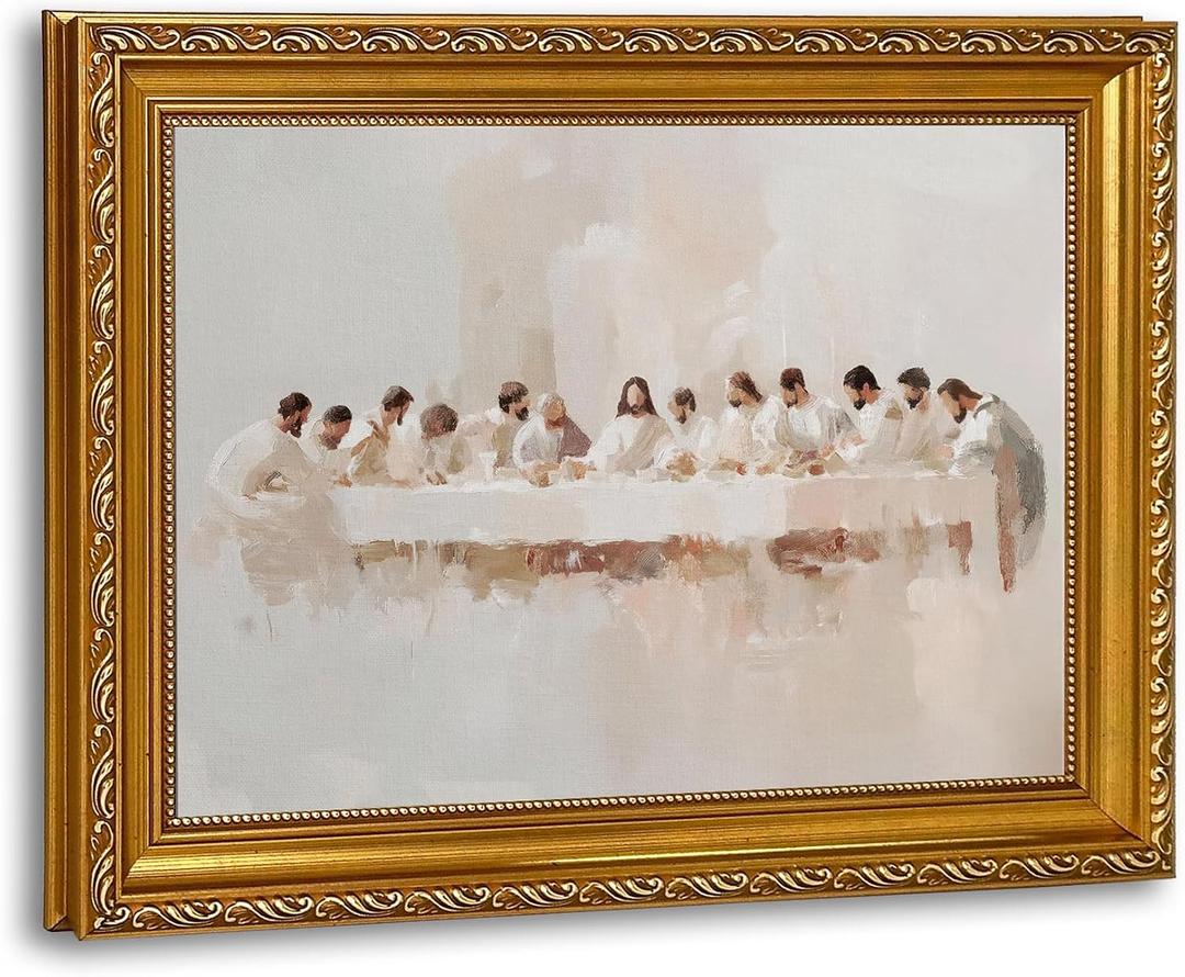 QWETYY666 Gold Framed The Last Supper Wall Art Jesus Last Supper Canvas Wall Decor Christian Picture Print Religious Christ for Living Room Dining Room Church Home Painting Artwork 16x24 inch