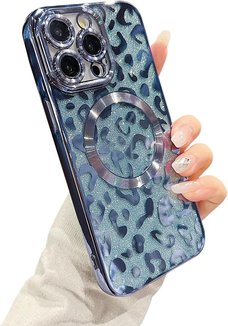 ZONRW for iPhone 15 Pro Case Magnetic,Soft Cute Luxury Leopard Cheetah Pattern Plating Glitter Bling Phone Case Compatible with MagSafe Clear Shockproof Back Cover for Women Girl 6.1"-Blue