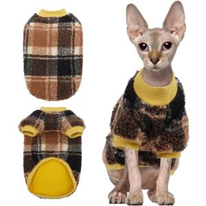 Sphynx Cat Sweater, Soft Fleece Pullover with Sleeves, Warm & Elastic Pet Clothes for Hairless Cats and Small Kittens, Cozy Winter Outfit Yellow XL