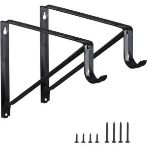 HOME MASTER HARDWARE Heavy Duty Closet Rod Brackets 2 Pack, Wall Mounted Shelf Bracket with Rod Shelving Support, 11 x 9.5 in Shelves Support Brace with Hook Black with Screws