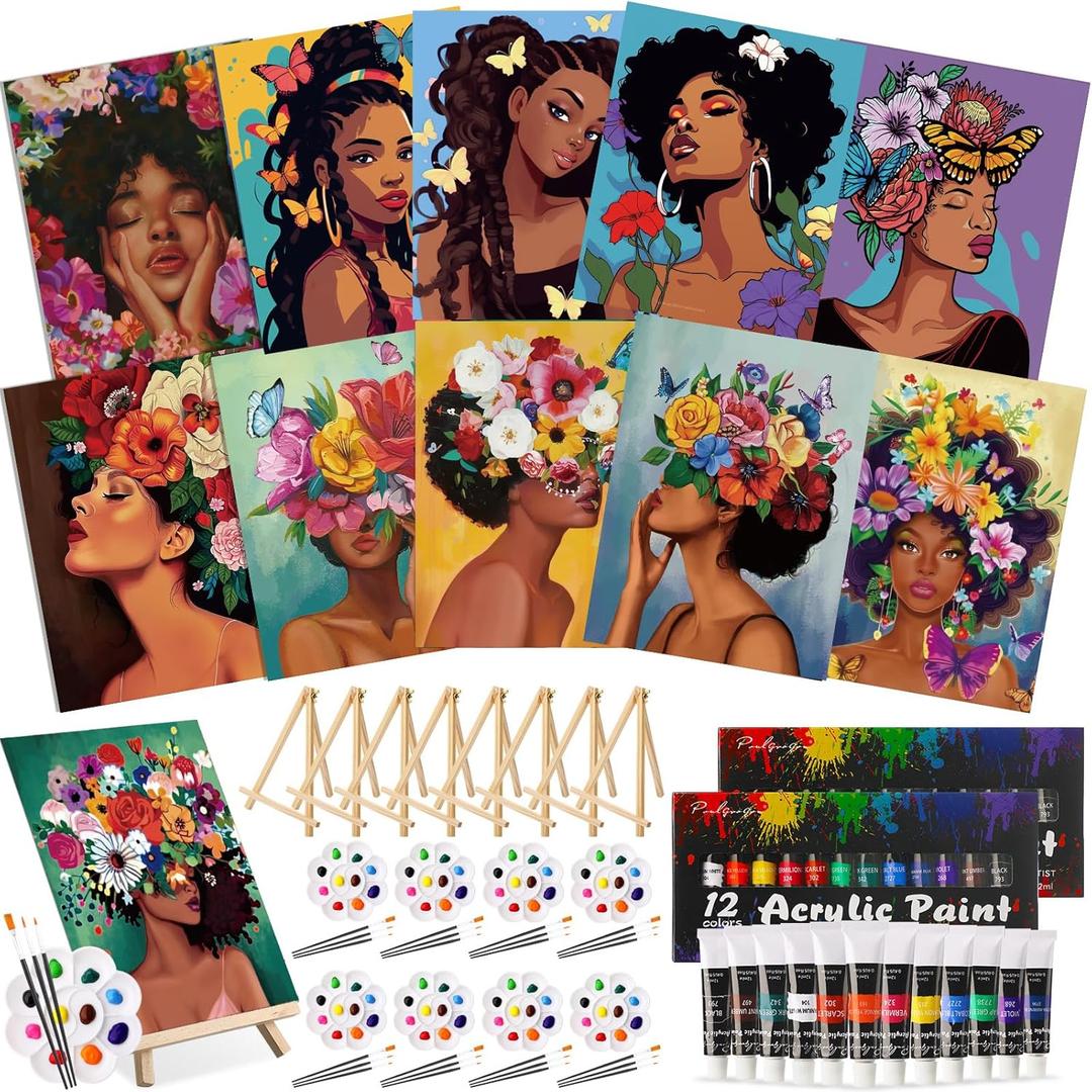Ctosree 72 Pcs Flower Lady Paint and Sip Kit for Adults 8'' x 10'' Pre Drawn Canvas for Painting DIY Pre Printed Canvas for Party Favor Afro Acrylic Painting Kit Wood Easel Brushes Date Night Bulk