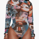 Women's Printed Mesh Long Sleeve Bodysuit, Sexy One Piece with Mock Neck Snap Crotch Leotard Top, L