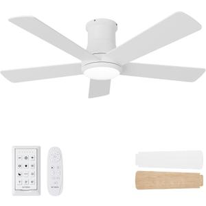 42 Inch Low Profile Ceiling Fan with Light, White Ceiling Fans with Lights and Remote, Flush Mount, 6 Speeds Reversible Quiet DC, 3CCT Dimmable, Indoor Outdoor Ceiling Fans for Patios Bedroom