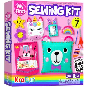 KRAFUN My First Sewing Kit for Beginner Kids Arts & Crafts, 7 Easy DIY Projects of Stuffed Animal Dolls and Plush Pillow Craft, Instructions & Felt, Gift for Girls, Boys, Learn to Sew, Embroidery