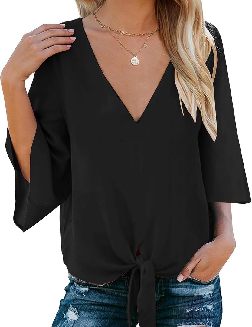 Bluetime Womens Tie Front Tops 3/4 Bell Sleeve V Neck Cute Summer Tops Shirts Casual Chiffon Blouses (Black, XL)