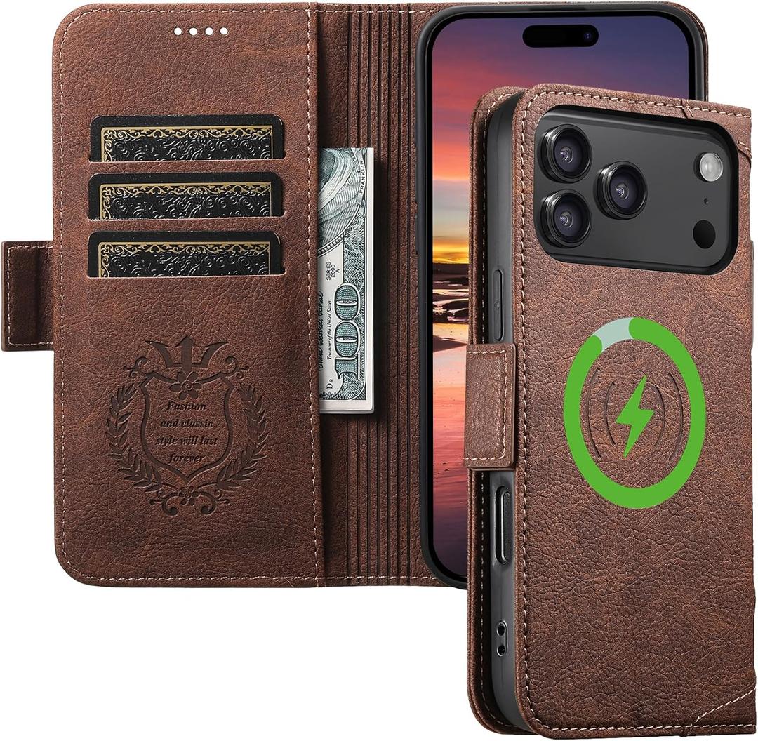 Leather Magnetic Wallet Case for iPhone17 Pro Max Compatible with MagSafe & Wireless Charging, 3 Card Slots & ID Holder, Kickstand, 360 Military Shockproof Protection Premium Brown