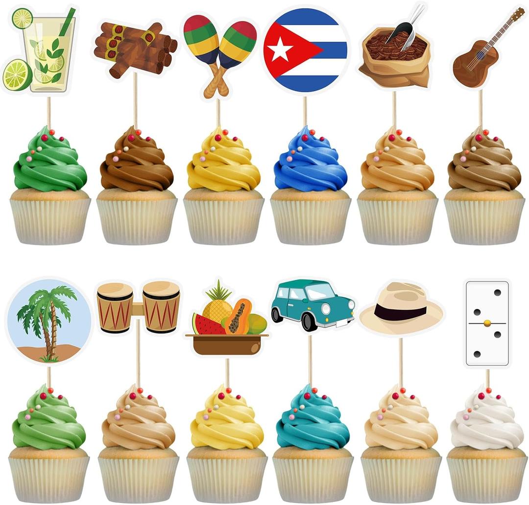 24 Pcs Havana Nights Party Cupcake Toppers Picks Summer Cocktail Cupcake Toppers Stick Havana Nights Party Decorations for Food Fruit Cake Toothpick Decor, 12 Style