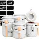 4-Piece Airtight Ceramic Canisters Set with Wooden Spoons & Chalk Labels Perfect for Coffee, Sugar, Flour, Tea (Marble) Stylish & Leakproof Kitchen Storage