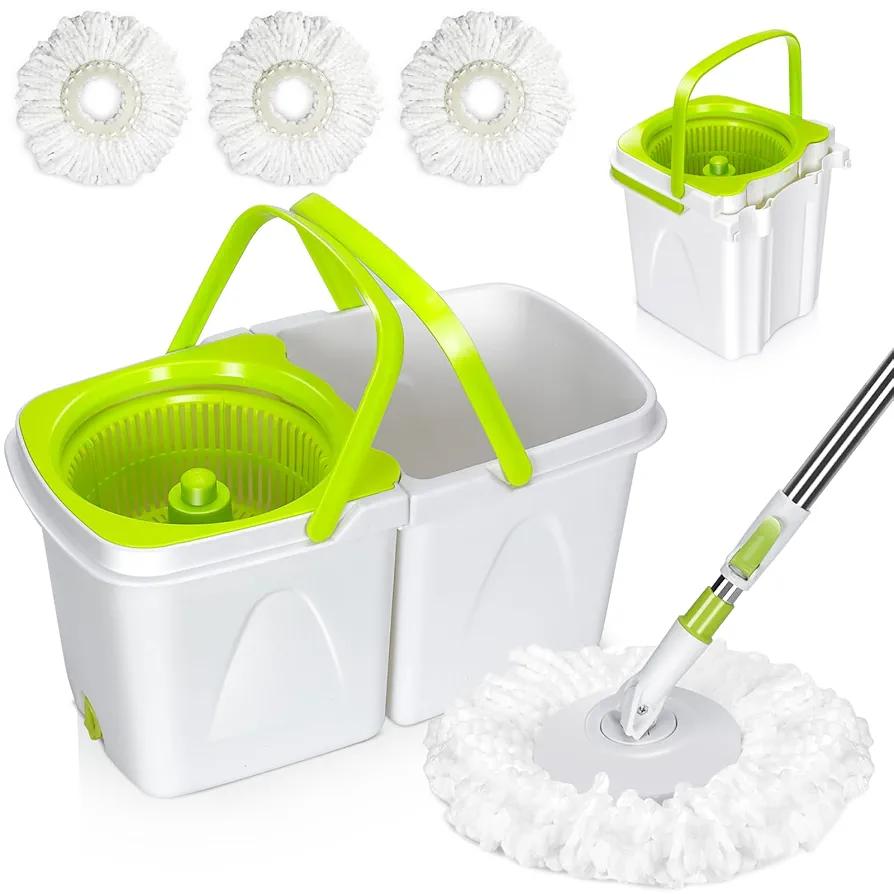 MASTERTOP Mop and Bucket with Wringer Set, Spin Mop Cleaning System with 3 Mop Pads,Spinning Mop Bucket for Floor Cleaning, 50.4" Extended Handle