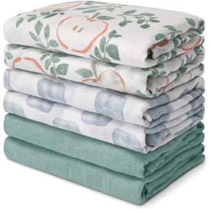 GLLQUEN BABY Receiving Blanket Boy Cotton Muslin Swaddle Blankets Girl Newborn Squares Breathable & Soft Thin Baby Blankets Cloths Double Absorbent Infant Swaddling Wrap - 6 Pack (Apple)