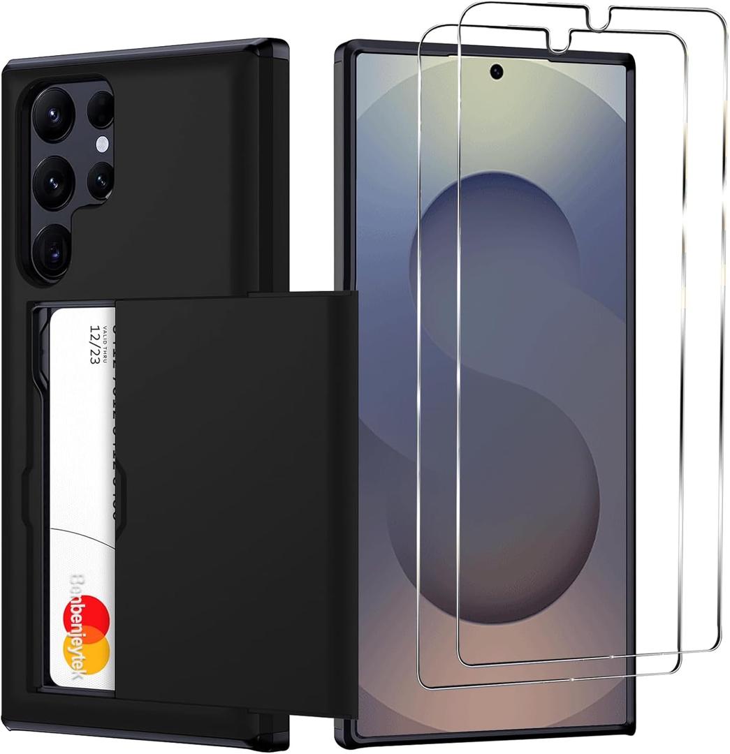 for Samsung Galaxy S25 Ultra Wallet Case with Card Holder, 2X Screen Protector Dual Layer Heavy Duty Protective Hidden Card Slot Case for Galaxy S25 Ultra 6.9" 2025 (Black)