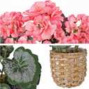 Briful Artificial Pink Geranium Flowers in Woven Basket, 11 Tall Silk Flower Arrangement, Realistic Geraniums Artificial Outdoor Plants for Home Indoor Farmhouse Table Wedding Centerpiece Decor