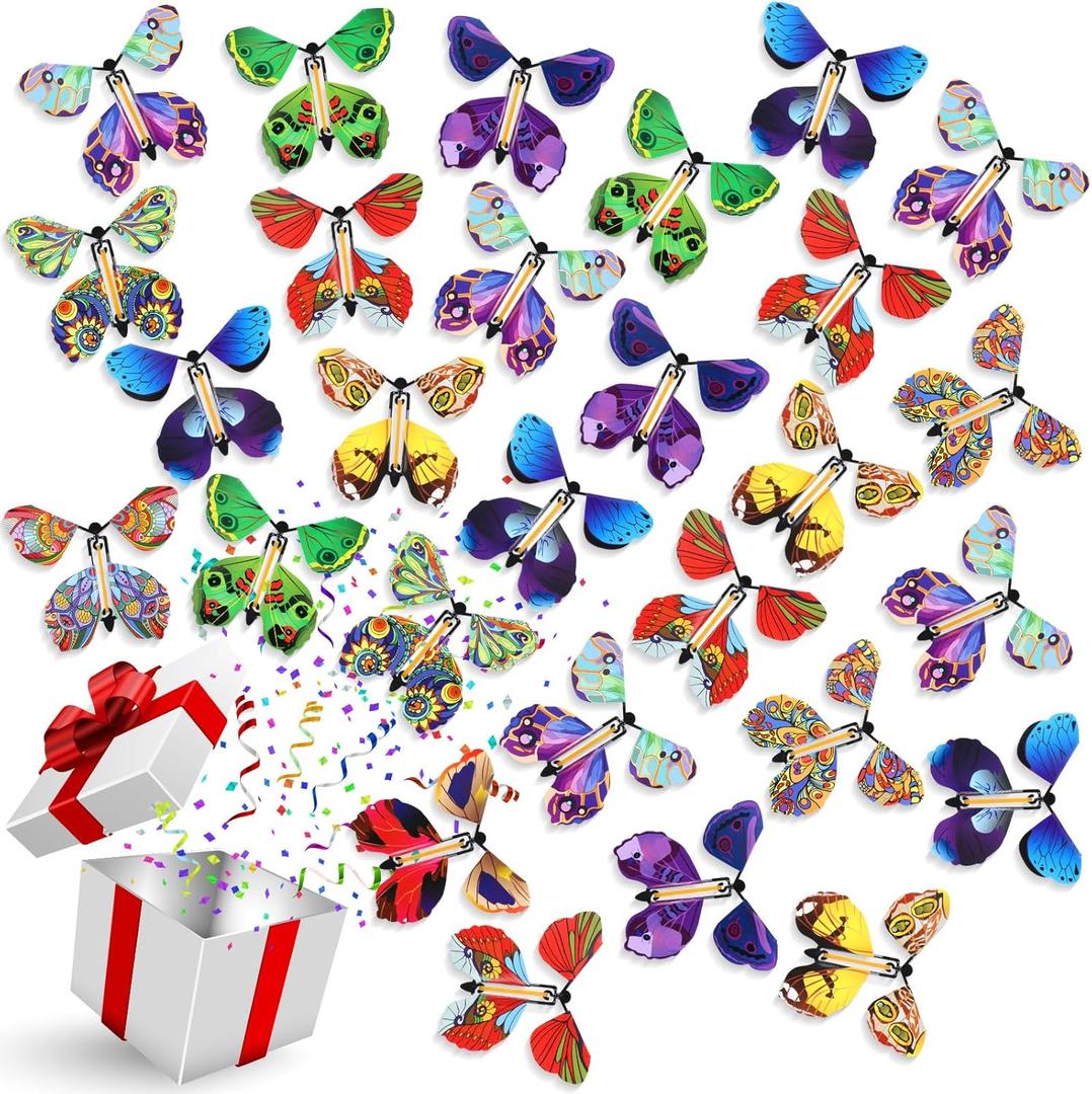 Lenwen 100 Pcs Magic Flying Butterfly Wind up Paper Butterflies That Fly Rubber Band Powered for Bookmark Card Surprise Gift Wedding Birthday Party 10 Styles, 4.41 x 4.92 Inch