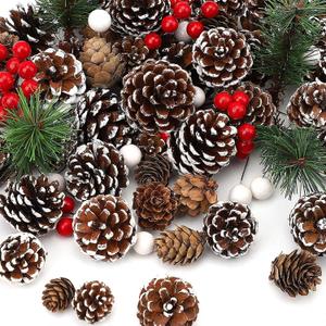hatisan 115Pcs Christmas Pine Cones Berry Pine Branch Set White Christmas Decorations for DIY Crafts Home Xmas Tree Gift Party Supplies, Assorted Sizes
