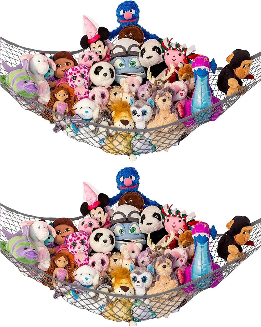 Lilly's Love Stuffed Animal Hammock | Corner Hanging Organizer, Toy Storage, Stuffed Animal Storage Net | Made from Quality Fishing Net, Holds 12lbs | 67"x47"x47" (Gray, 2 Pack)