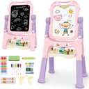 deAO Art Easel Toys for Kids, 4-in-1 Double Drawing Board Adjustable Standing Rotatable Sidewalk Chalk with Painting Writing Accessories, Easel Toys Birthday Gifts for Girls Boy (Pink)