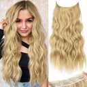 KooKaStyle Invisible Wire Hair Extensions with Transparent Wire Adjustable Size Long Wavy Synthetic Hairpiece Golden Blonde 20 Inch with 4 Secure Clips for Women
