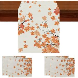 Fall Table Runner and Placemats Set of 5, Thanksgiving Maple Branch Linen Seasonal Kitchen Dining Table Home Outdoor Party Decorations 13x72 Inch
