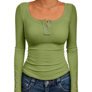 Kissfix Long Sleeve Shirts for Women Fall Winter Henley Tops Business Casual Ribbed Blouses Date Night Trendy Outfits size L