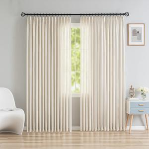 Faux Linen Double Pinch Pleated Window Curtains, Light Filtering Beige Semi Sheer Pinch Pleated Drapes for Living Room 84" W x 96" L 1 Panel