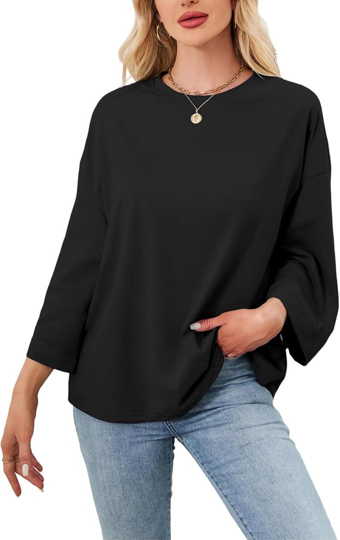 Women's Oversized 3/4 Sleeve Shirts Crew Neck Drop Shoulder Summer Casual Loose Fit Basic Tops Tshirt (Black, M)