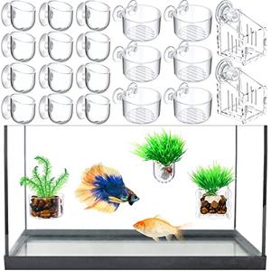 Potchen 20 Pcs Aquatic Plant Cups with Hole Transparent Acrylic Plant Pot with Suction Cups Aquarium Aquatic Planter Aquarium Holder Fish Tank Aquascape Decoration, 3 Shapes