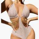 OYOANGLE Women's Chain Linked Cut Out Halter One Piece Swimsuit Tummy Control Bathing Suit, Pink, Medium