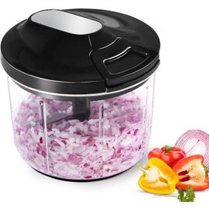 Pull String Food Chopper - Manual Vegetable Onion Cutter for Garlic, Carrot, Herbs - Easy to Clean Hand-Pull Kitchen Tool, Black