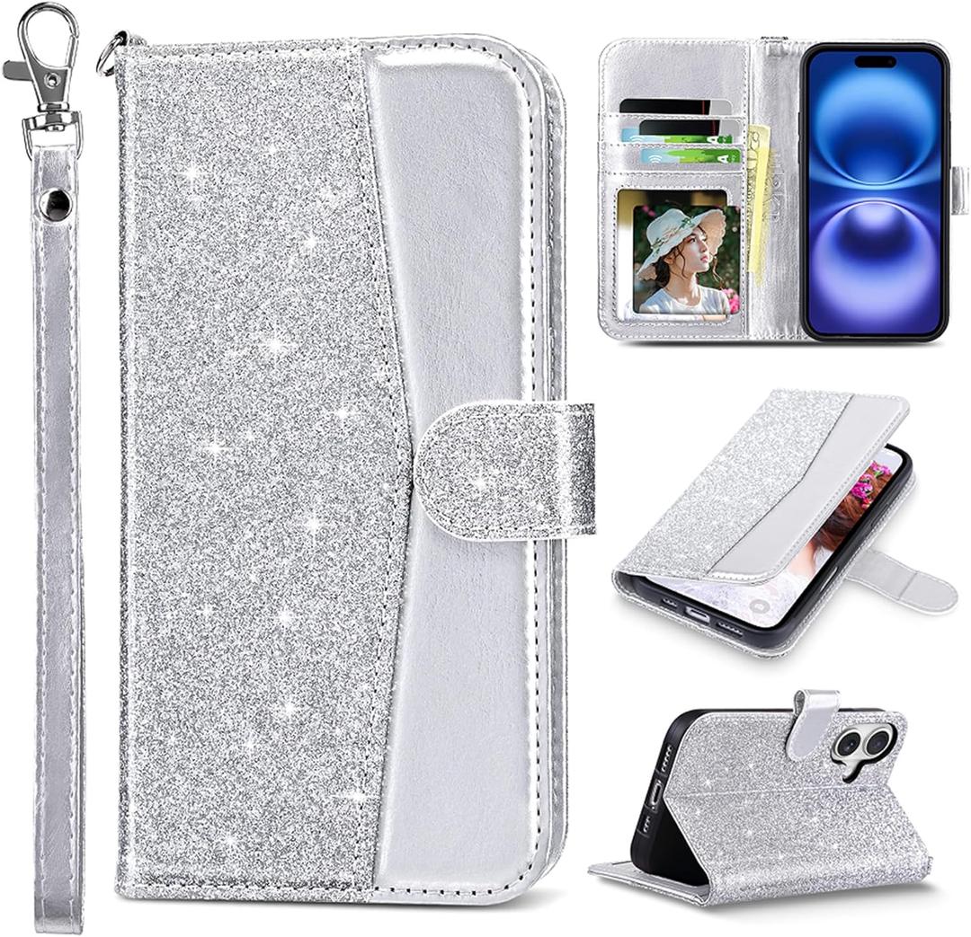 ULAK Compatible with iPhone 16 Wallet Case [RFID Blocking], Women PU Leather Shockproof Protective Folio Flip Cover with Card Holder Kickstand for iPhone16 6.1 inch, Silver Glitter