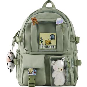 AoMoon Kawaii Backpack Lovely Pastel Rucksack for Teen Girls Aesthetic Student Bookbags with Kawaii Pin and Cute Accessories (Green-C)