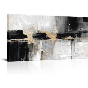 NutArtPic Black and White Canvas Artwork for Walls Abstract Canvas Prints Black Gold Gray Painting with Gold Lines Picture On Canvas Framed For Living Room Home Office Decor 24''x48''