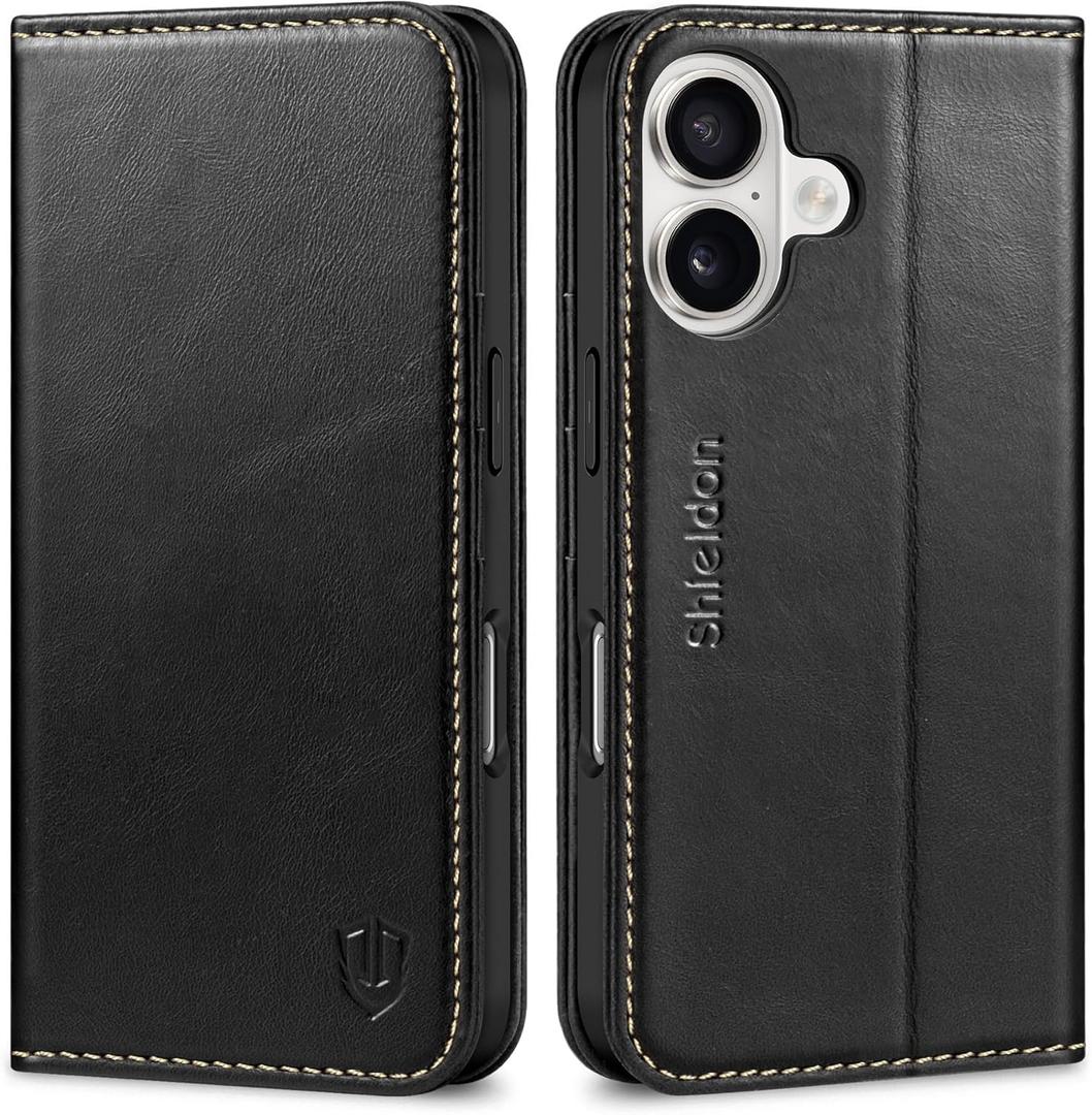 SHIELDON Genuine Leather Case Wallet for iPhone 17 6.3-inch 5G 2025 | Folio, Magnetic Closure, RFID Blocking 3 Card Slots, Kickstand, Book Design, Full Protective Cover - Retro Black