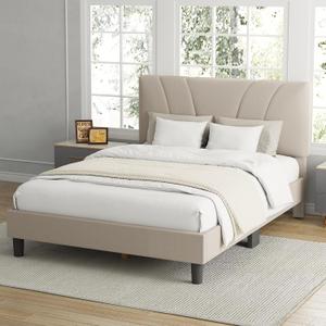 Avenco Queen Bed Frame, Upholstered Platform Bed Frame with Adjustable Headboard, Wood Slat Support, Easy Assembly, No Box Spring Needed, Beige