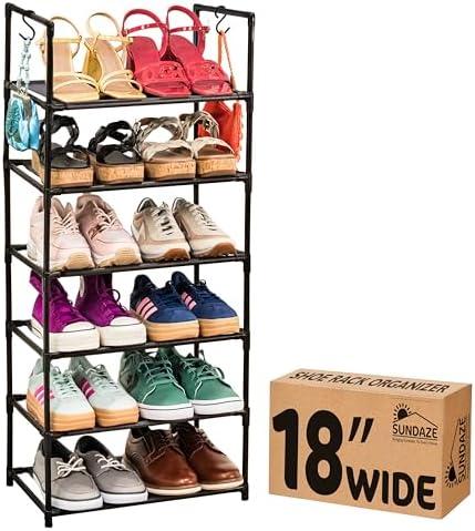 Sundaze Shoe Rack - 6 Tier Tall Shoe Rack for Closet, Sturdy Stackable Shoe Organizer for Closet, Bedroom, Entryway, Garage, Non Woven Fabric Shelf, Black, Holds 12-18 Pairs, 18.3 W